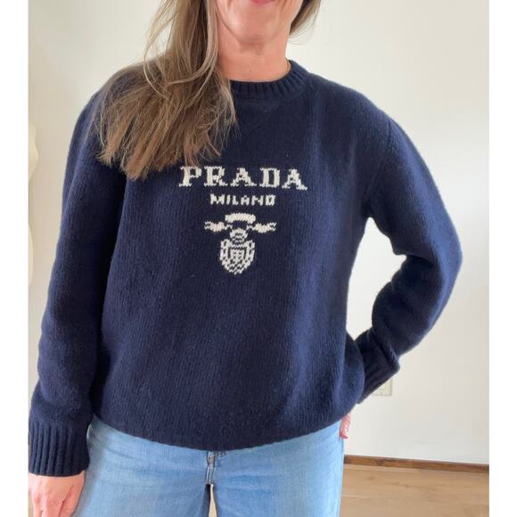 Women's 44 (8) Cashmere wool Prada logo crew-neck sweater Navy L Spellout knit - Picture 2 of 12